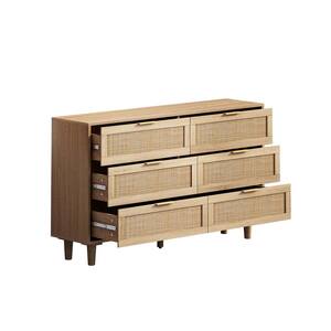 59 in. W x 15.75 in. D x 30 in. H Natural Beige Wood Linen Cabinet with 6 Rattan Drawers