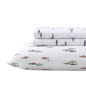 Fish Lake 3-Piece White Microfiber Twin XL Kids Sheet Set