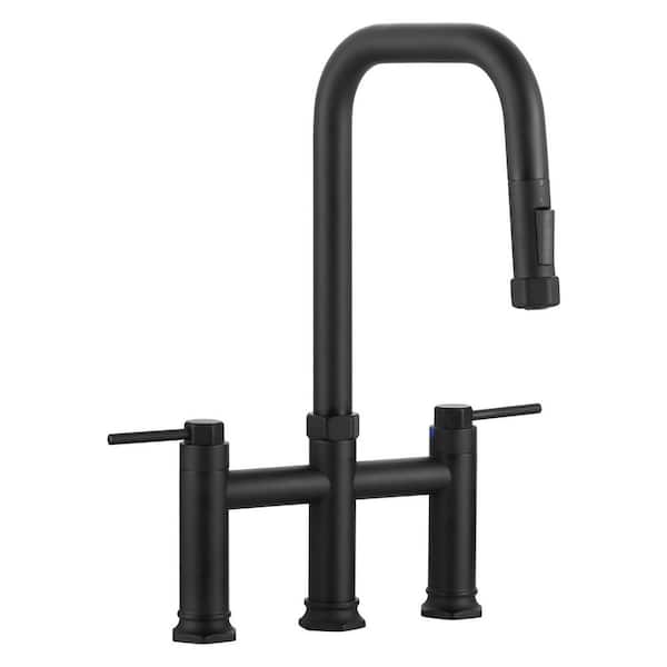3 Holes Double Handle Bridge Kitchen Faucet with Pull Down Sprayer in Matte Black