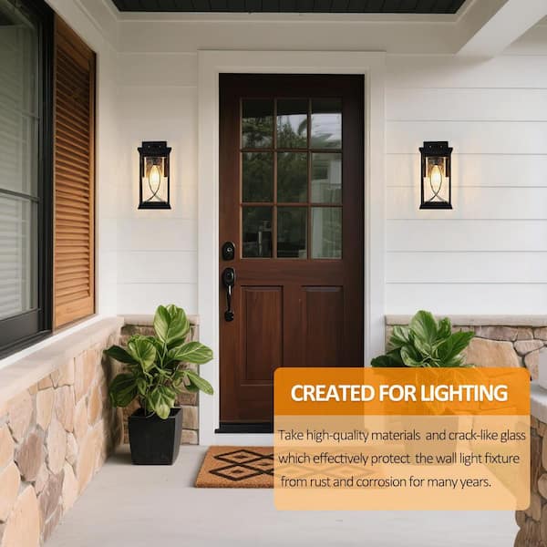 Matte Black Outdoor Hardwired Wall Lantern Sconces Industrial Outdoor Wall Light Fixture with Crackled Glass (2-Pack)