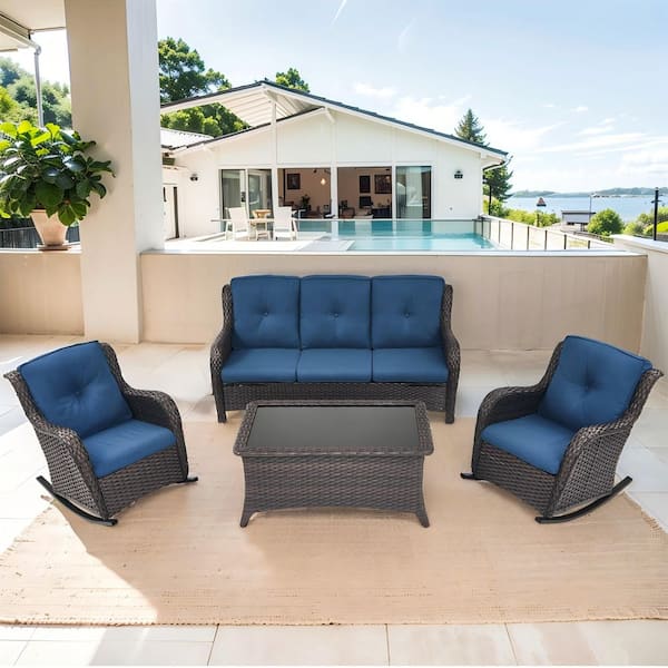 Carlos 4-Piece Brown Wicker Patio Conversation Set with Rocking Chairs, Outdoor Sofa Seating Set with Blue Cushions