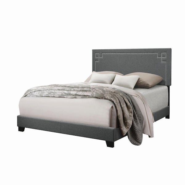 Benjara Gray and Brown Wooden Frame Queen Platform Bed with Block Legs and Nail Head Trims