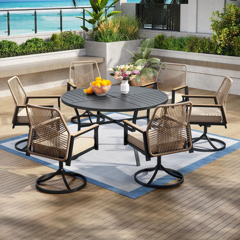 PHI VILLA 7-Piece Black Metal Patio Outdoor Dining Set with Round