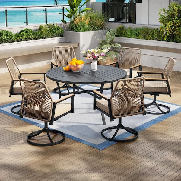 7-Piece Black Metal Patio Outdoor Dining Set with Round Table and Woven Rope Swivel Chair with Beige Cushions