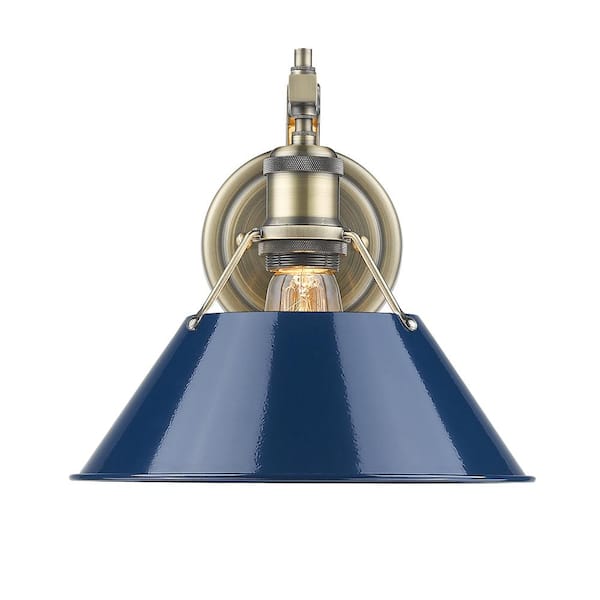 Golden Lighting Orwell AB 1-Light Aged Brass Sconce with Navy Blue Shade