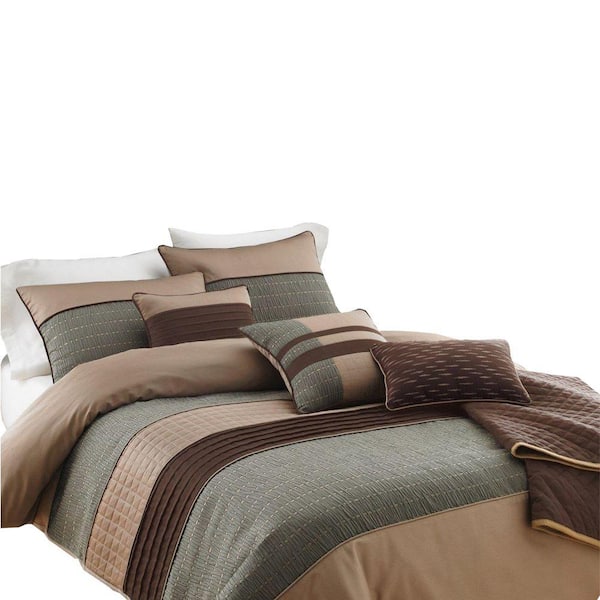 Benjara 7-Piece Gray and Brown Solid Print Microfiber Queen Comforter Set