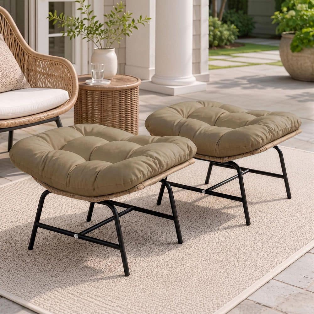 Wicker Outdoor Ottomans with Brown Cushions, Armless Metal Frame Footrests for Backyard, Garden, and Porch (2-Pack)