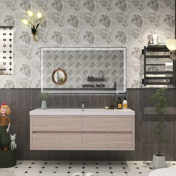 Louis 59 in. W x 20 in. D x 22 in. H Single Sink Floating Bath Vanity in Pink Wood with White Acrylic Top