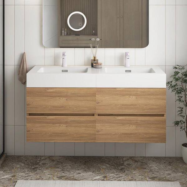 TCYO 48 in. Wall Mounted Oak Bath Vanity with White solid surface Top ...