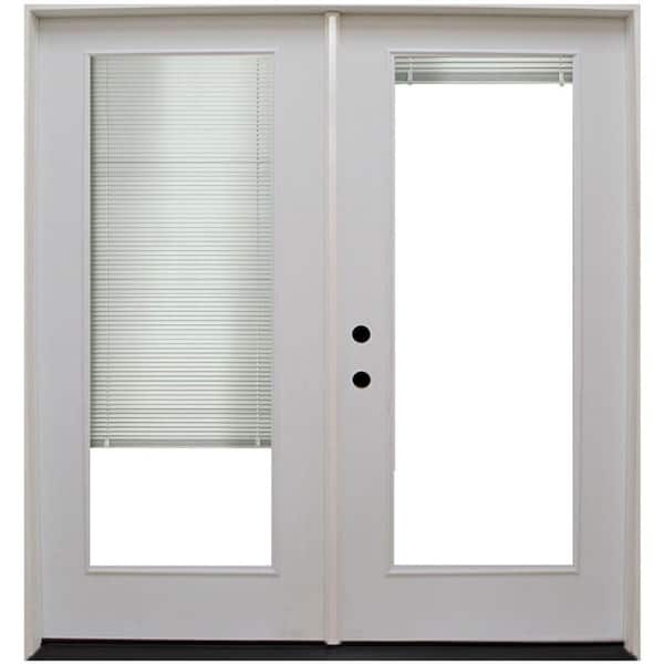 Steves & Sons 60 in. x 80 in. Reliant Series White Primed Fiberglass Prehung Right-Hand Inswing Mini Blind Patio Door