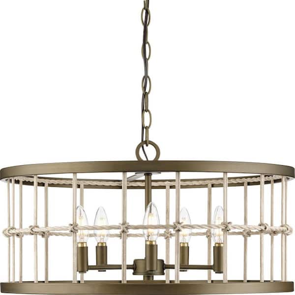 Progress Lighting Lattimore Collection 22 in. 5-Light Aged Brass Coastal Chandelier