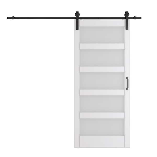 36 in. W. x 84 in. 5-Panel, Frosted Glass, White, Can't Be Painted, Finished MDF Sliding Barn Door with Hardware Kit