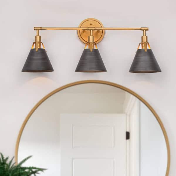 25.5 in. 3-Light Brushed Vintage Gold Industrial Vanity Light with Gray Metal Shades Bathroom Powder Room Wall Sconce