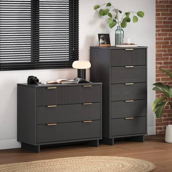 Manhattan Comfort Granville Dark Grey 5-Drawer 23.62 in. W Tall Dresser and  3-Drawer 37.8 in. W Standard Dresser (Set of 2) GRAN015
