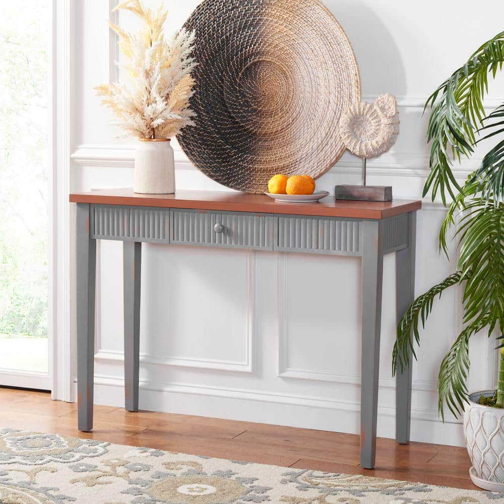Beale Chic Taupe and Oak Wood Console Table with Fluted Storage Drawer