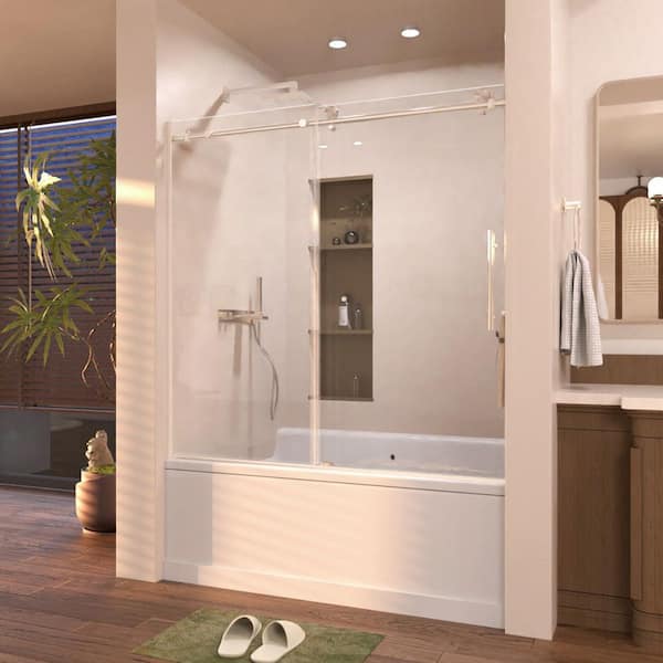 Eon 60 in. W x 60 in. H Sliding Semi Frameless Tub Door in Brushed Nickel Finish with Clear Glass