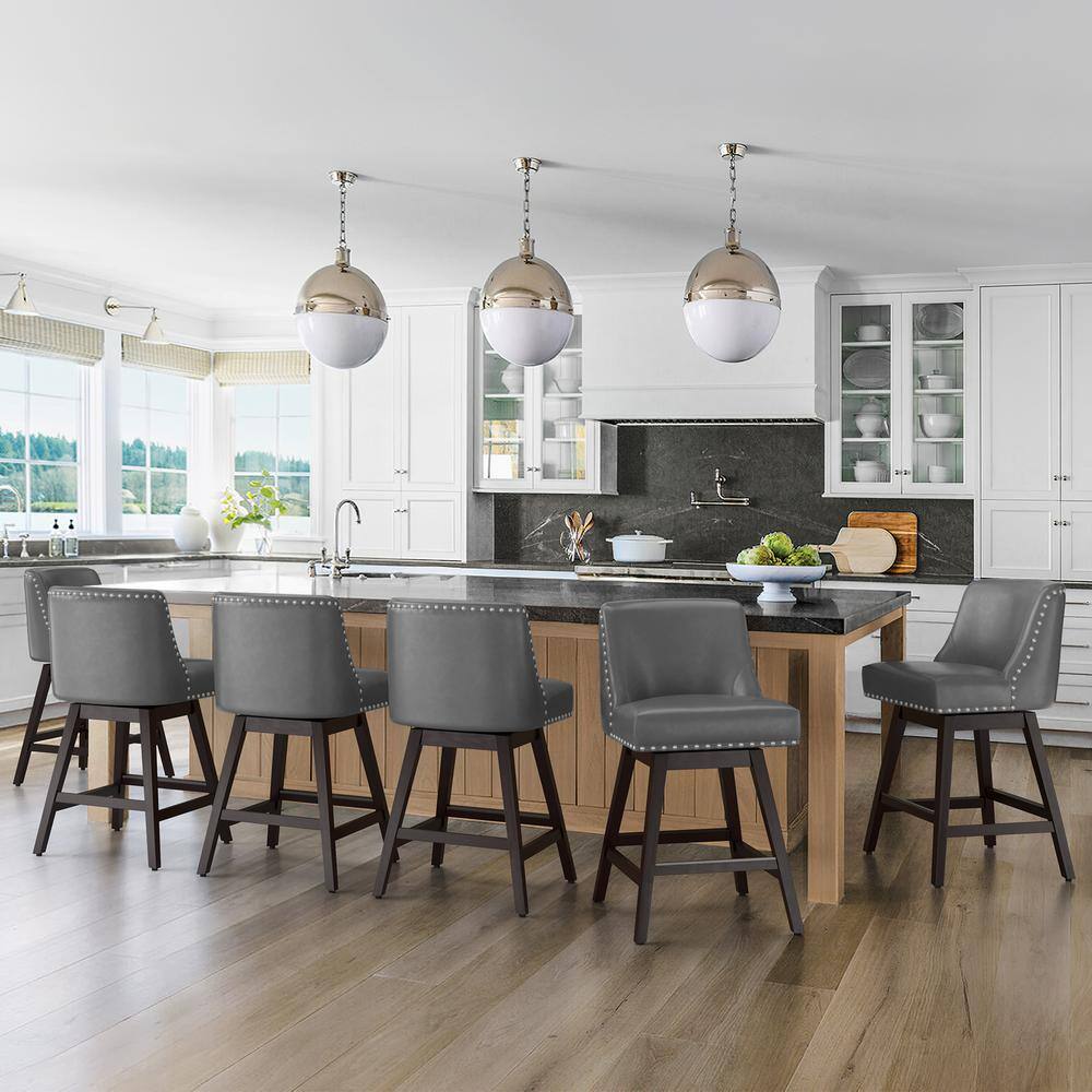 26" Dark Gray Faux Leather Swivel Bar Stools with Wood Legs, Set of 4