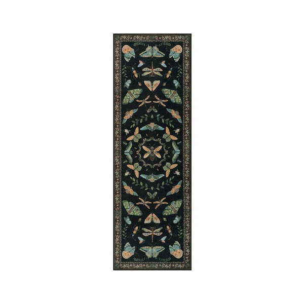 2 ft. x 6 ft. Black Vintage Animal Insect Moth Washable Non Slip Entryway Kitchen Area Rug