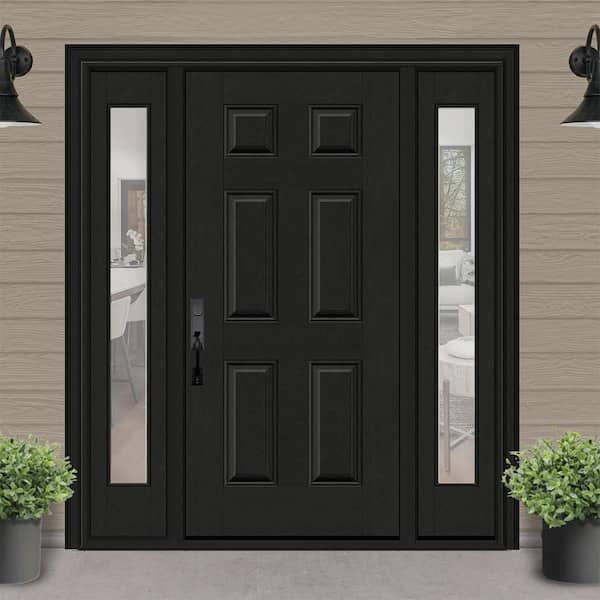 Regency 68 in. x 80 in. 6 Panel RHIS Onyx Stain Mahogany Fiberglass Prehung Front Door with Clear 14 in. SLs 6-9/16