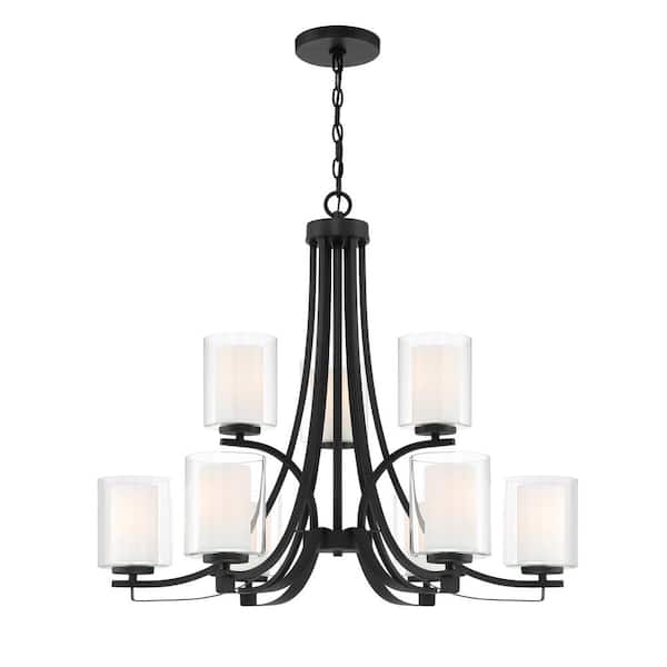 Minka Lavery Parsons Studio 9-Light Sand Black Candle Style Chandelier with Clear and Etched White Glass Shades