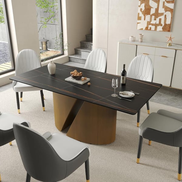 J&E Home Black Rectangle Marble Top 63 in. Pedestal Dining Table Seats 6