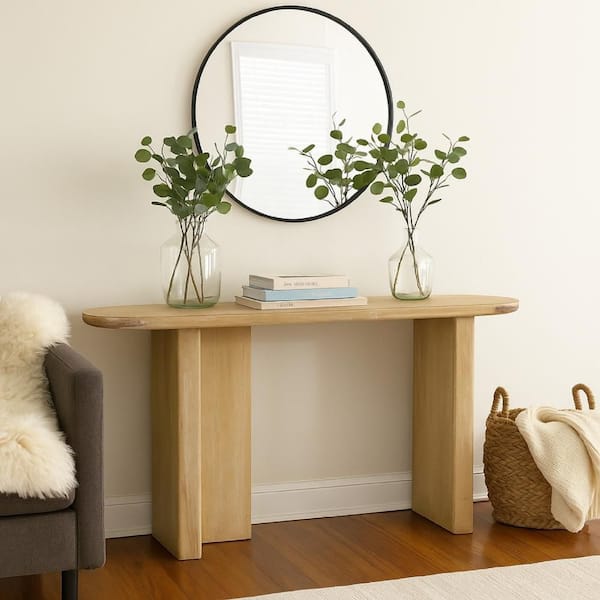 63.0 in. Light Brown Oval Wood Console Table with Paneled Legs