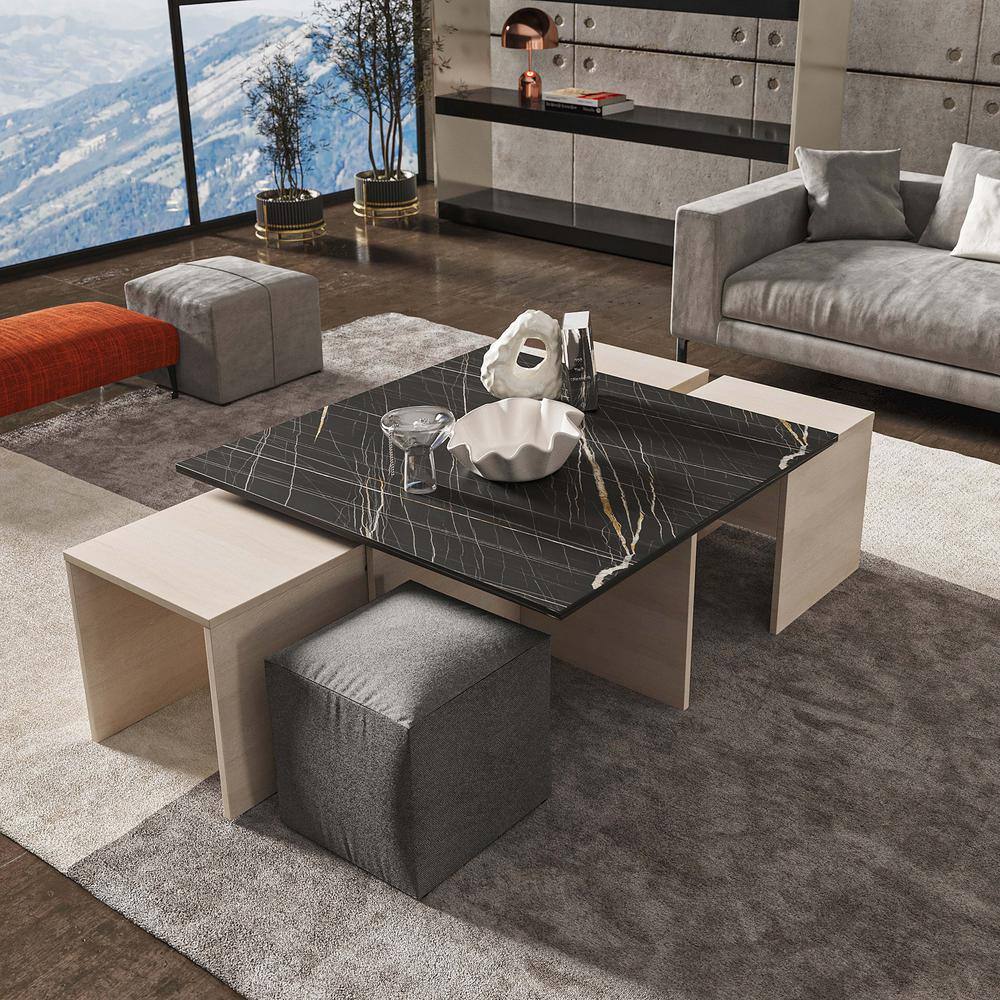 Haley Mid-Century Modern White and Black Marble Nested Coffee Table Set