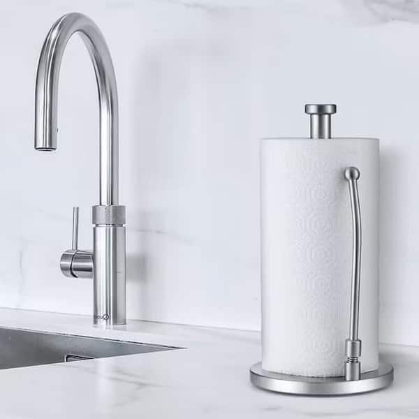 Paper Towel Holder Dispenser Standing with Weighted Base Spring Arm for Kitchen, Bathroom, Bedroom In Stainless Steel