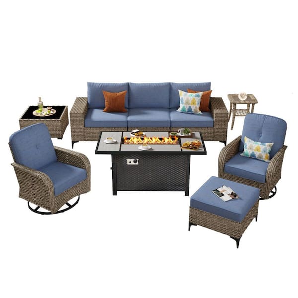 Stellaray 9 Pieces Wicker Outdoor Patio Rectangular Fire Pit Set and Swivel Rocking Chairs with Denim Blue Cushions