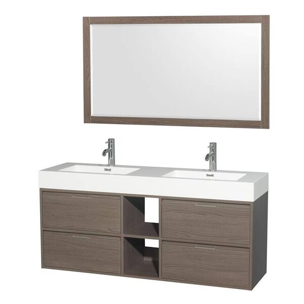 Wyndham Collection Daniella 60 in. W x 18 in. D Vanity in Gray Oak with Acrylic Vanity Top in White with White Basins and 58 in. Mirror