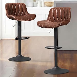 Modern 24.00 in. Adjustable Height Brown Faux Leather Swivel Bar Stool with Metal Frame (Set of 2)