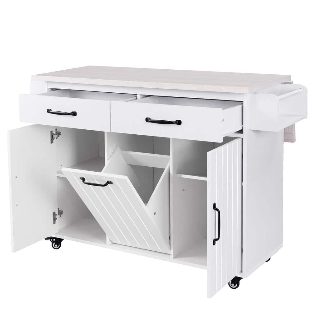 White Wood Top 51.06 in. Kitchen Island with Trash Can Storage Cabinet, Dro