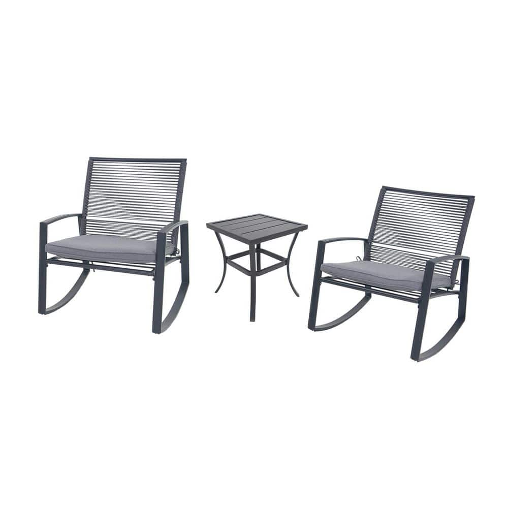 Black 3-Piece Metal Outdoor Bistro Set Rocking Conversation Set with Table and Gray Cushion price history on PriceWatchPro
