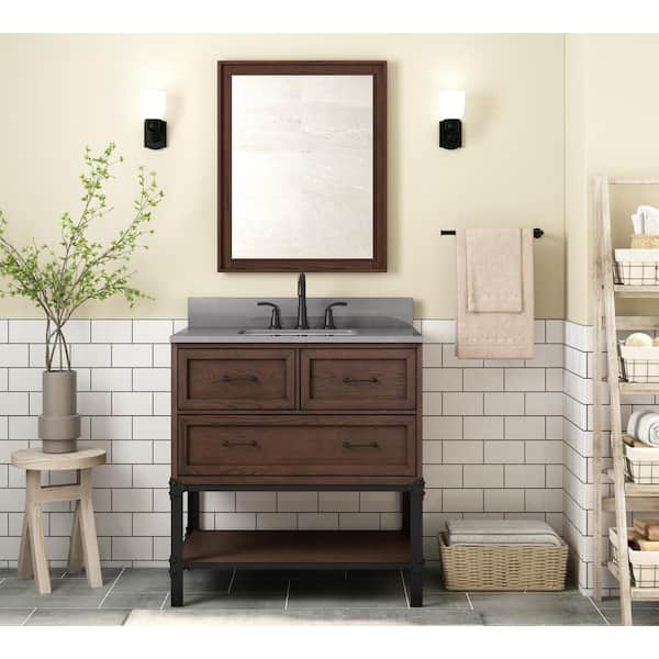 Home Decorators Collection Alster 36 in. W x 22 in. D x 35 in. H Single Sink Freestanding Bath Vanity in Brown Oak with Gray Engineered Stone Top
