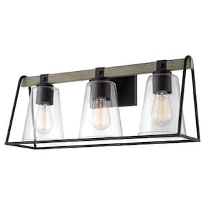 Layton 23 in. 60-Watt 3-Light Textured Black with Gray Oak Wook Style Farmhouse Vanity Light with Clear Shade
