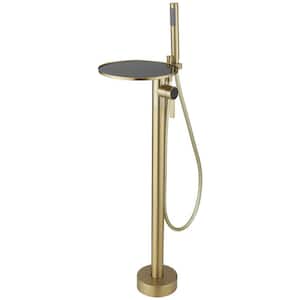 1-Handle Freestanding Floor Mount Roman Tub Faucet Bathtub Filler With Hand Shower and Storage Tray In Brushed Gold