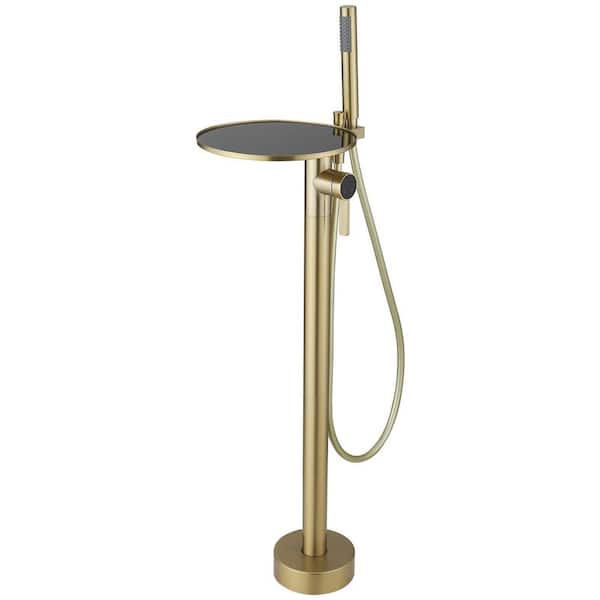 BWE 1-Handle Freestanding Floor Mount Roman Tub Faucet Bathtub Filler With Hand Shower and Storage Tray In Brushed Gold