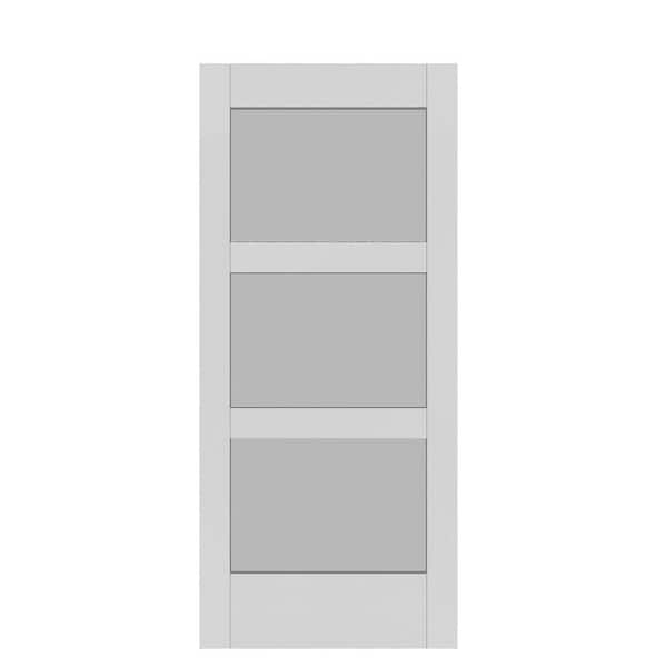 37 in. x 84 in. 3-Lite Full Frosted Glass White Vinyl Finish MDF Sliding Barn Door Slab