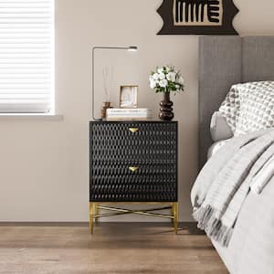 Black 2-Drawer Wood Nightstand with Square Support Legs