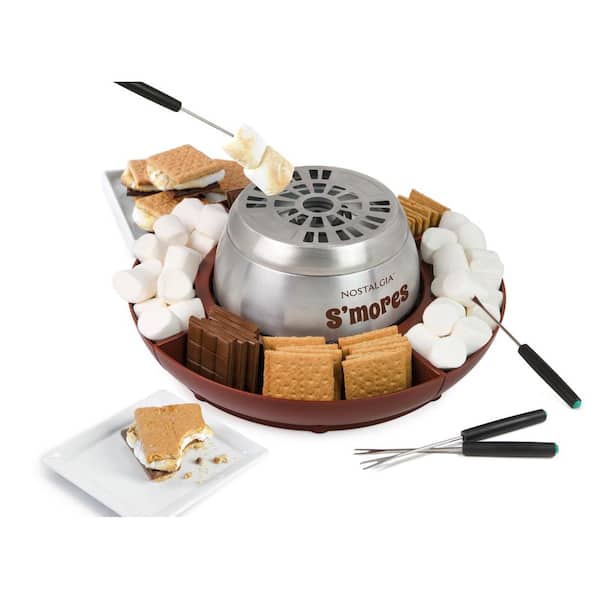 Nostalgia Indoor Electric Stainless Steel S'mores Maker with 4-Lazy Susan Compartment Trays