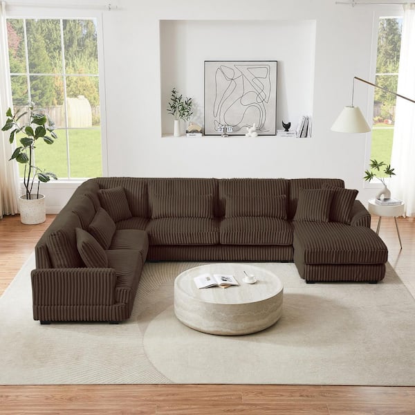 129.1 in. Rolled Arm Corduroy Sofa in Brown with a Chaise Lounge for Living Room