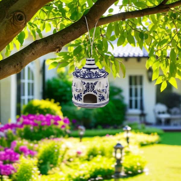 8 in. White/ Blue Ceramic Chinoiserie Large Pagoda Bird House