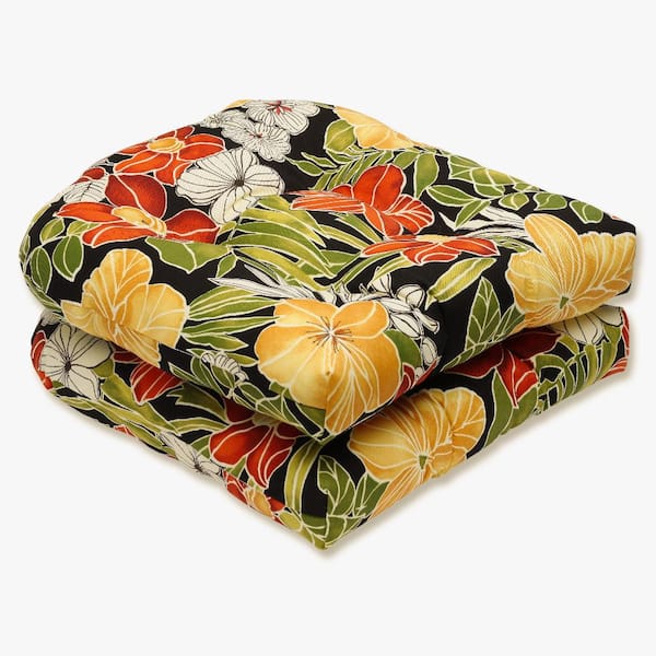 Pillow Perfect Floral 19 in. x 19 in. Outdoor Dining Chair Cushion in Black/Green (Set of 2)