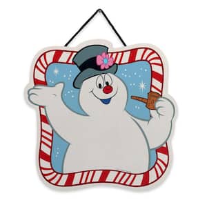 11 in. Multi-Frosty the Snowman Candy Cane Striped Christmas Hanging Wood Wall Decor