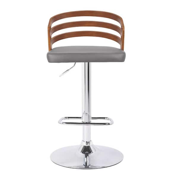 HomeRoots Gray Faux Leather Walnut Wood and Chrome Adjustable Swivel Bar Stool