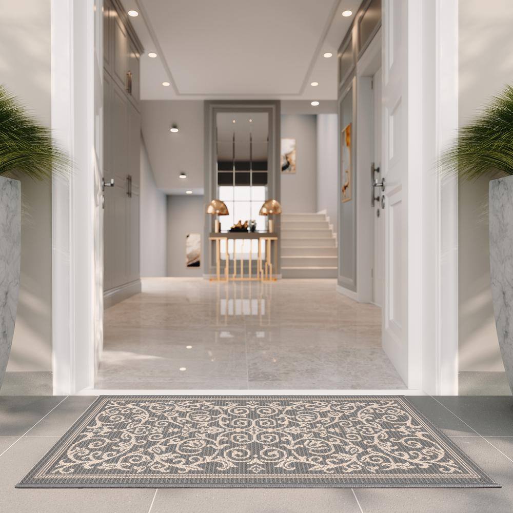 Grey and Natural Baroque Print Rectangular Synthetic Outdoor Rug