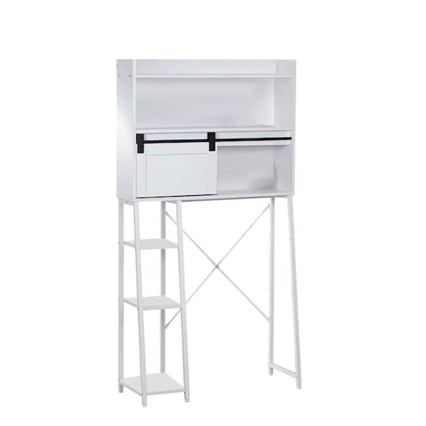 32.5 in. W x 60.7 in. H x 7.8 in. D White Over The Toilet Storage with Sliding Door and Toilet Paper Stand