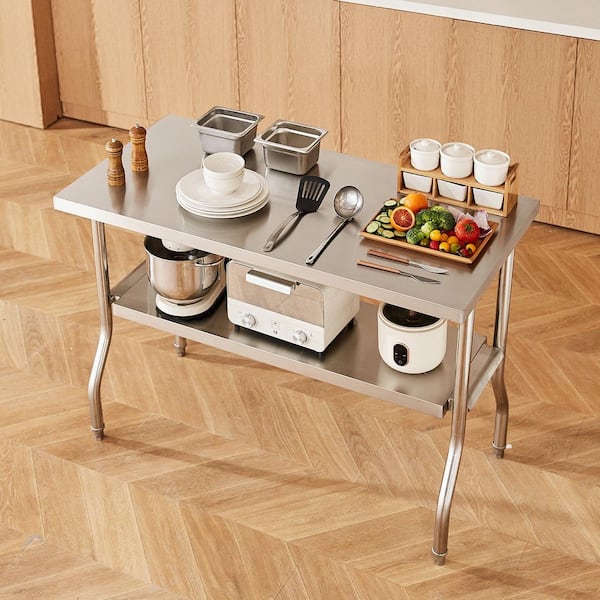 Folding Commercial Prep Table, 48 x 24 In. Heavy-Duty Stainless Steel Kitchen Prep Table with Undershelf, 300 lbs.