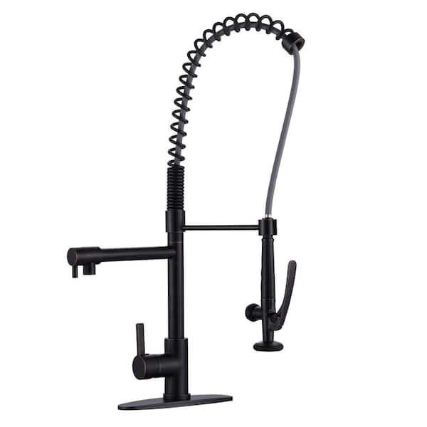 Single Handle Deck Mount Gooseneck Pull Out Sprayer Kitchen Faucet with Supply Lines Included in Oil Rubbed Bronze