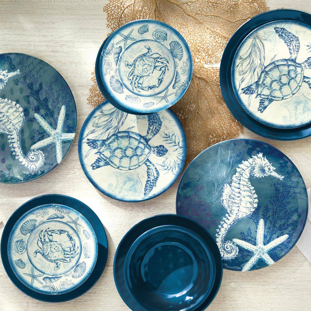 Blue Coastal Melamine Dinnerware Set, Service for 4